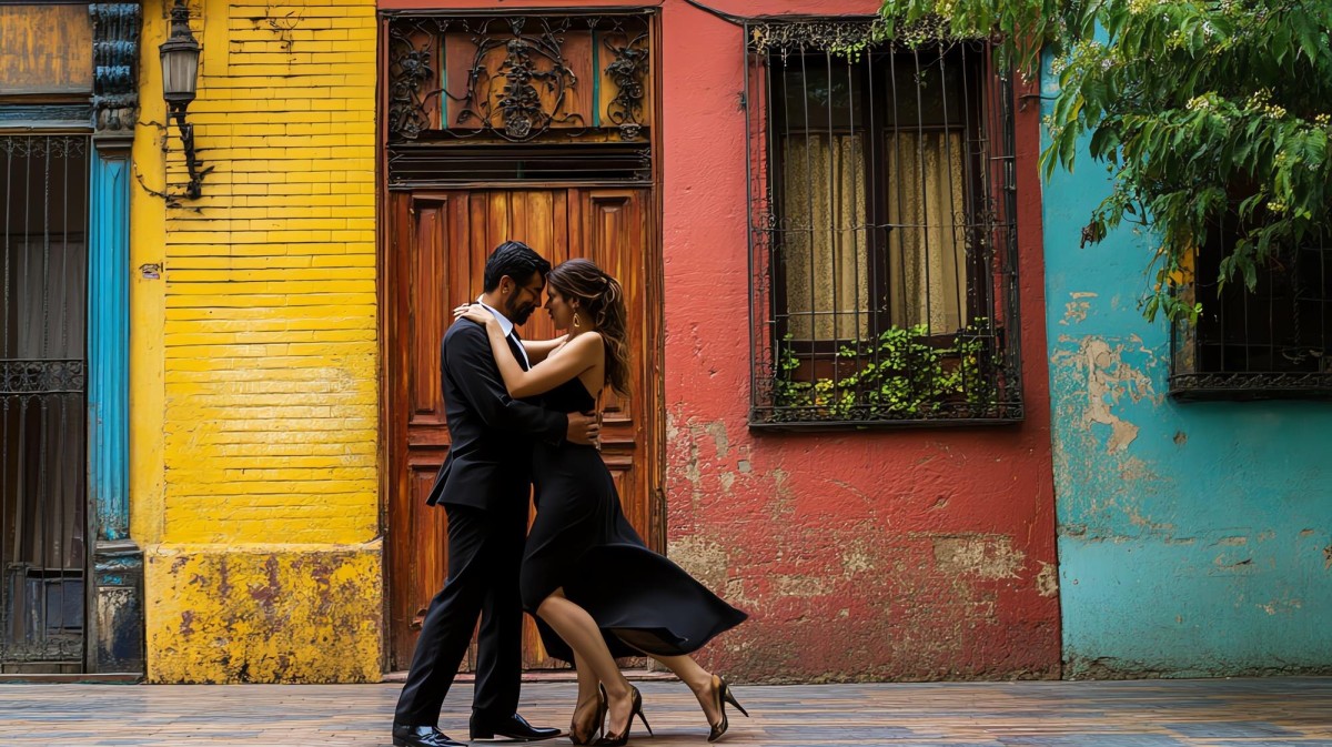 Couple dancing tango on cobblestone streets