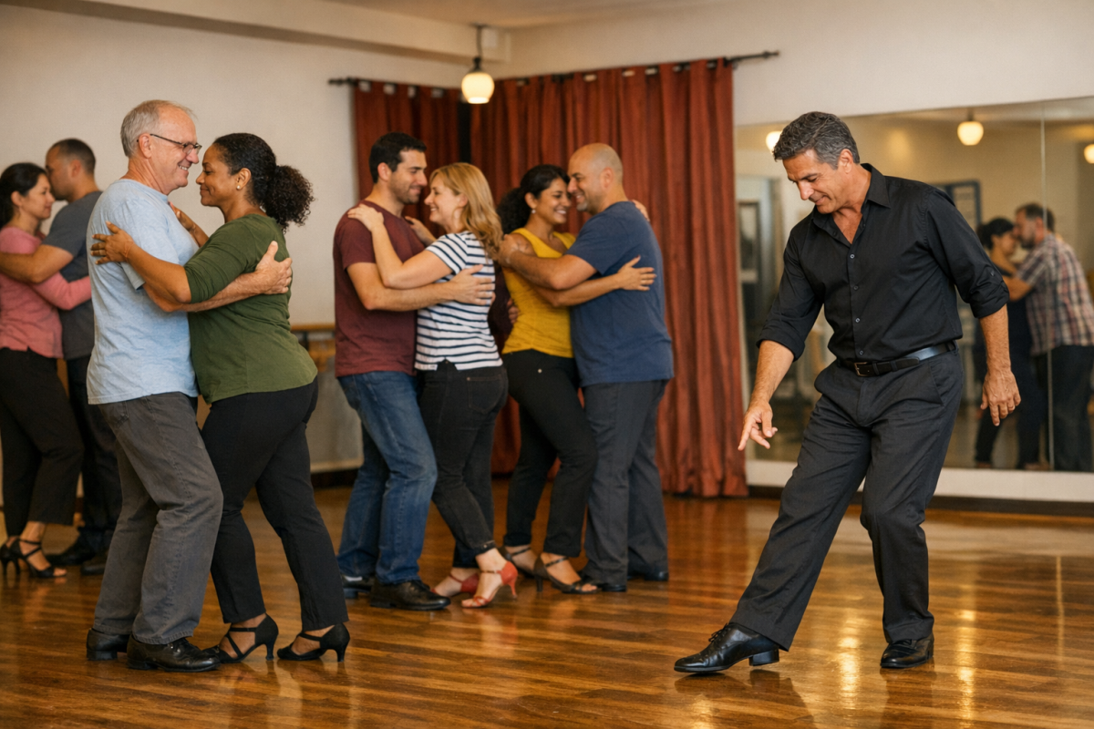 Two beginners practicing tango steps together