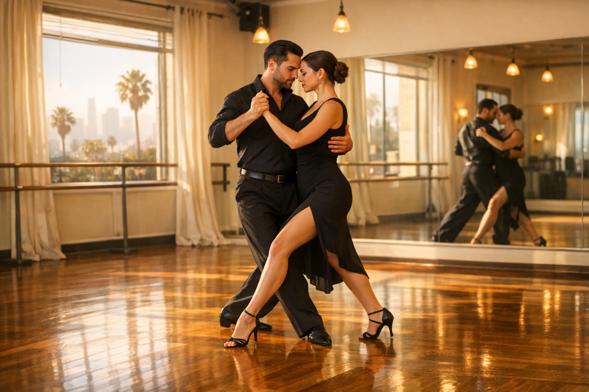 Tango dancers practicing in a studio