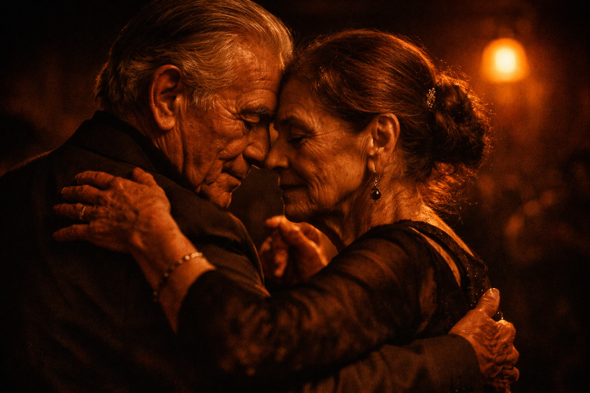 Elderly couple dancing tango together gracefully